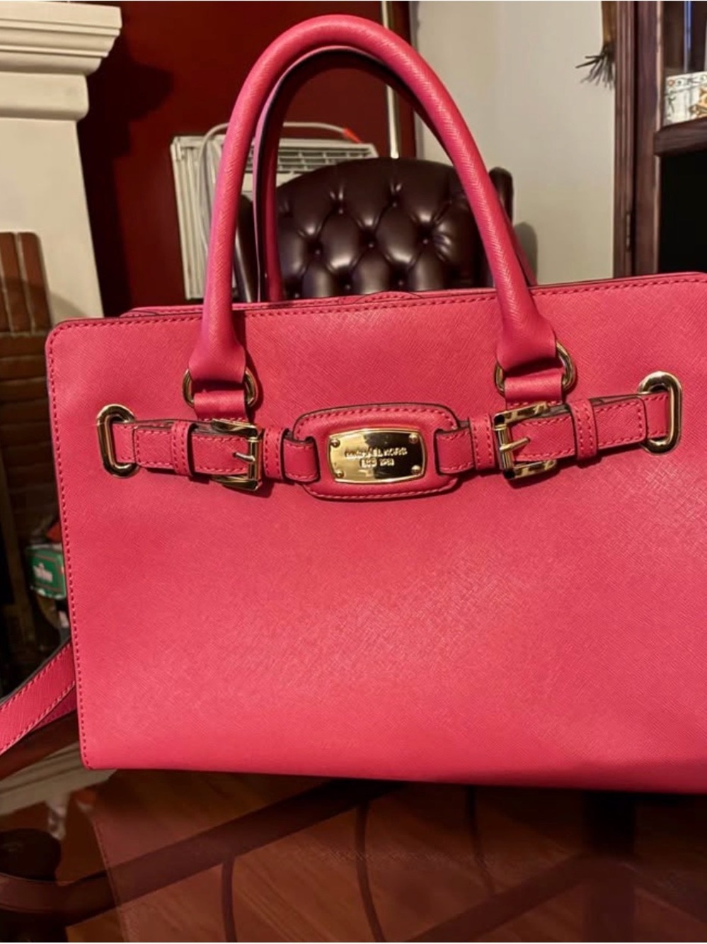 Michael Kors Hot Pink Saffiano Leather Satchel with Gold Hardware